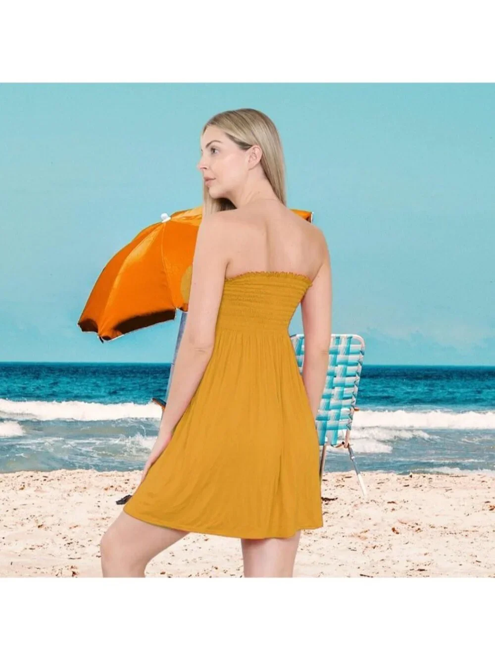 Women's Mustard Sun Strapless Tube Short Beach Summer Dresses Casual Mini Dress